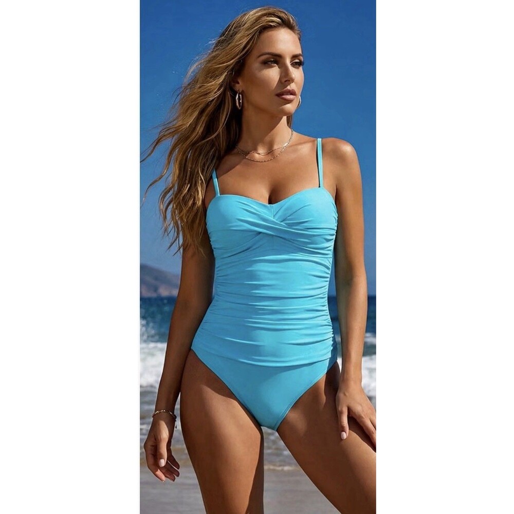 RELLECIGA Women's Tummy Control One Piece Swimsuit turquoise Strapless Ruched M